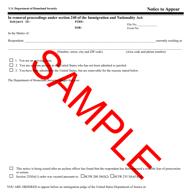 Sample Notice to Appear document